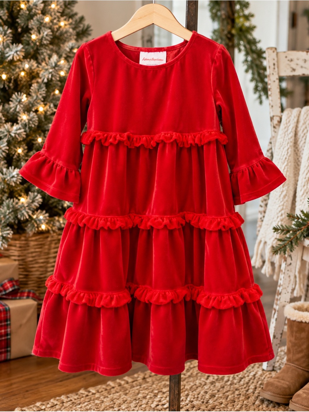 Hanna Andersson Red Velour Tiered Twirl Holiday Dress Girls 130 US 8 Christmas